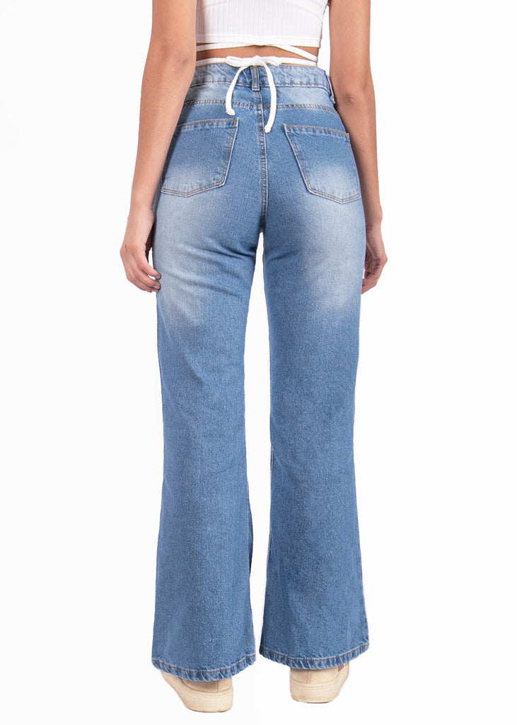 Jean tiro alto bota ancha color azul, denim para mujer - Flashy