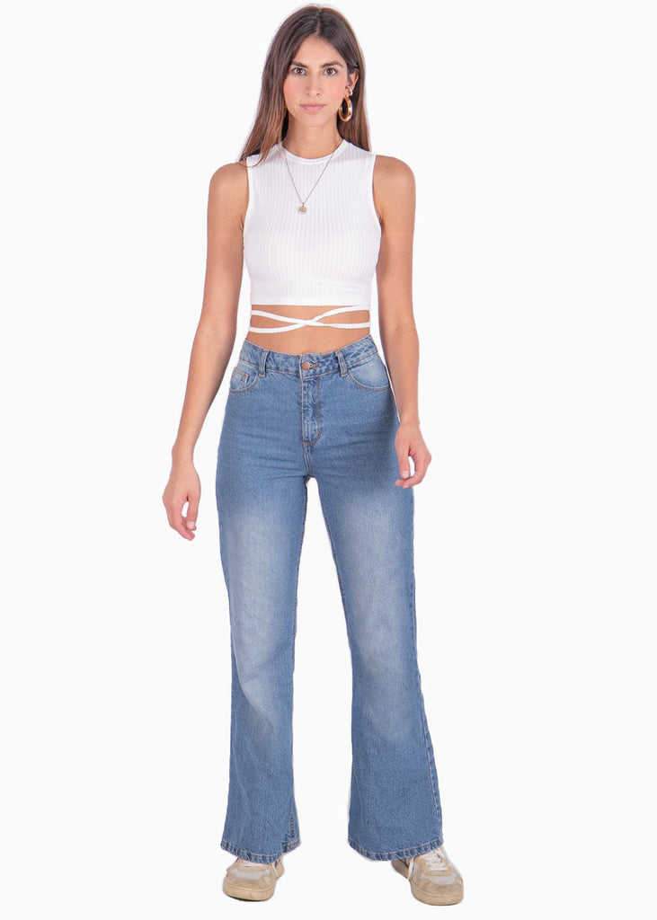 Jean tiro alto bota ancha color azul, denim para mujer - Flashy