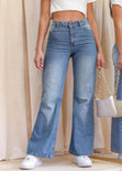 Jean tiro alto bota ancha color azul, denim para mujer - Flashy