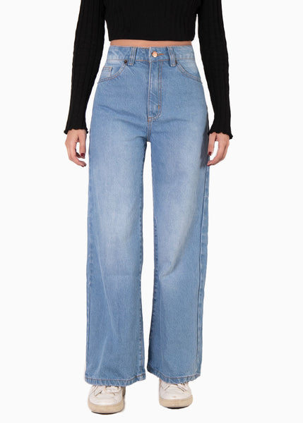 Jean tiro alto bota ancha color azul, denim para mujer - Flashy