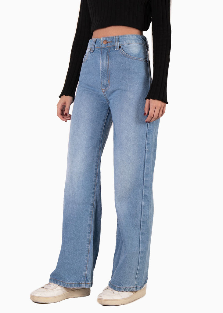 Jean tiro alto bota ancha color azul, denim para mujer - Flashy