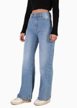 Jean tiro alto bota ancha color azul, denim para mujer - Flashy