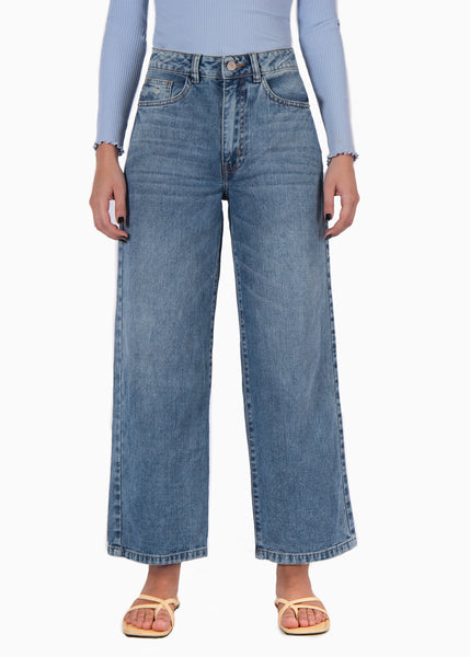 Jean wide leg corto tiro alto color azul, denim para mujer - Flashy