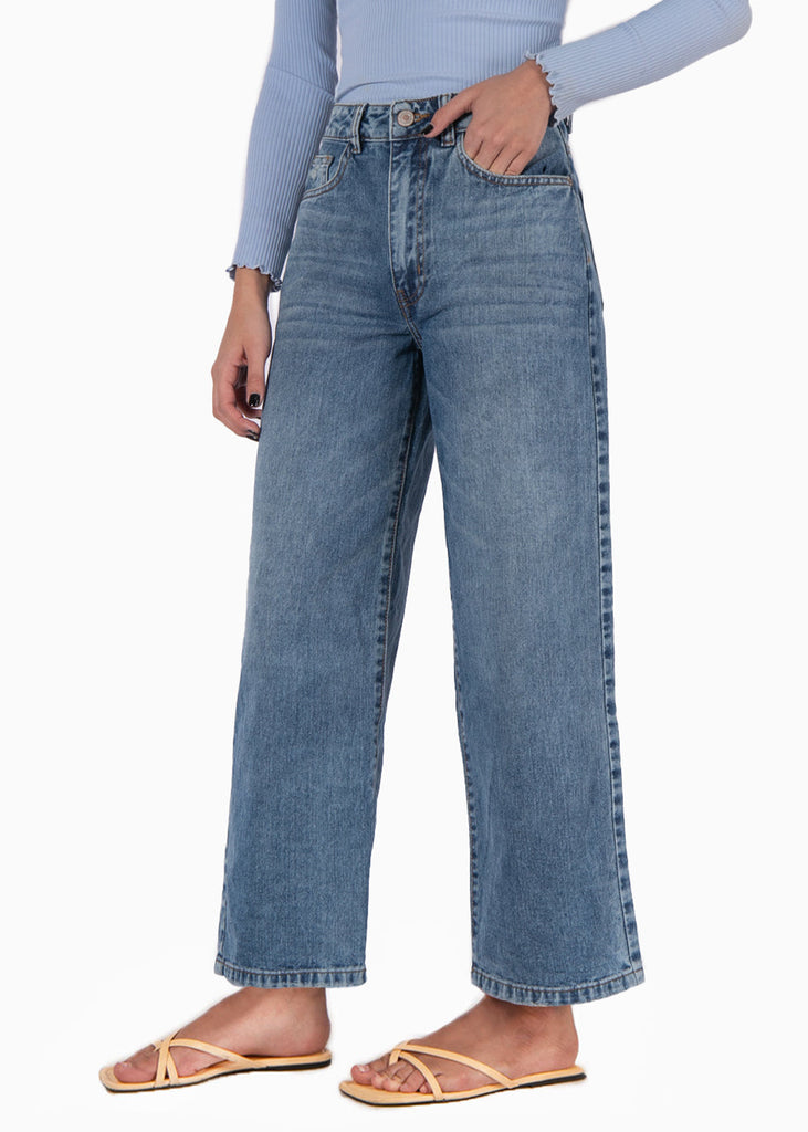 Jean wide leg corto tiro alto color azul, denim para mujer - Flashy