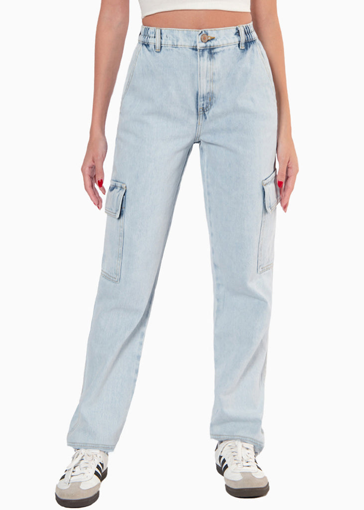 Jean tiro medio recto tipo cargo color azul, denim para mujer - Flashy