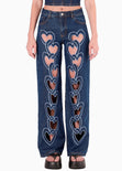 Jean wide leg con cadena corazones bordados para mujer - Flashy