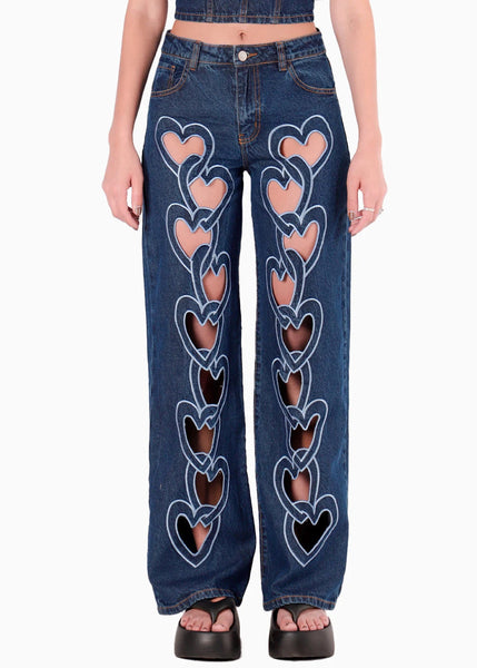 Jean wide leg con cadena corazones bordados para mujer - Flashy