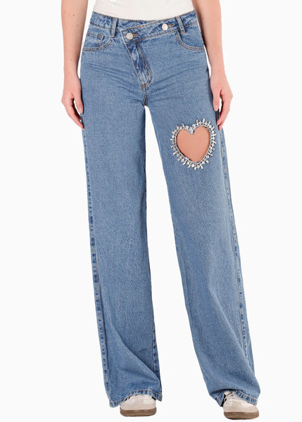 Jean wide leg con pretina cruzada, con corazón e insumo de brillo - FLUIR