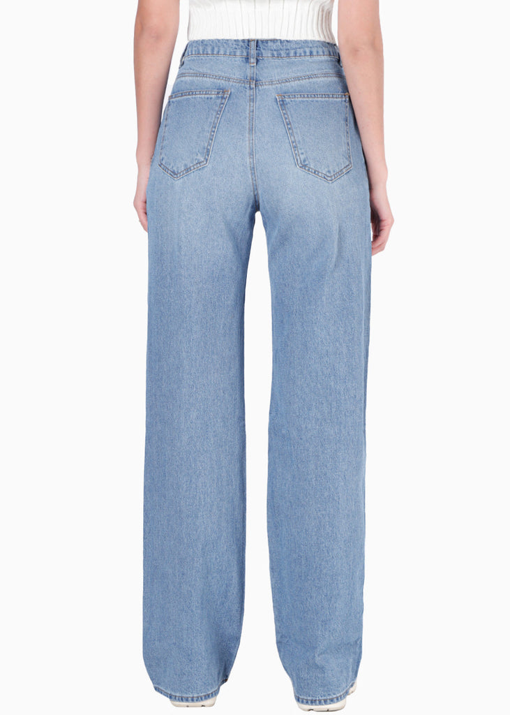 Jean wide leg de tiro medio color azul para mujer - Flashy