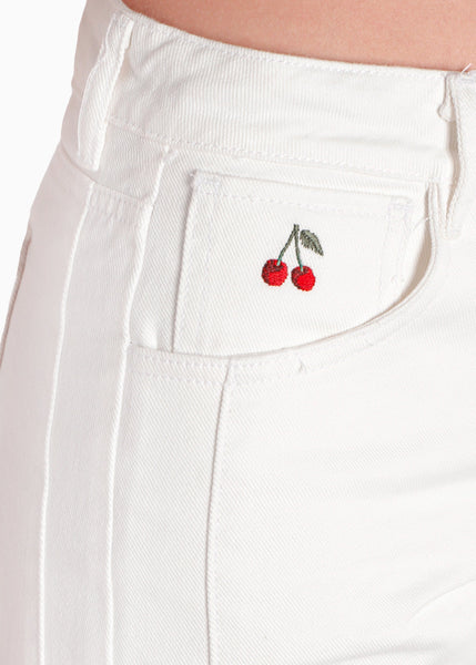 Jean wide leg tiro medio con anudado en bota color blanco, marfil para mujer - Flashy
