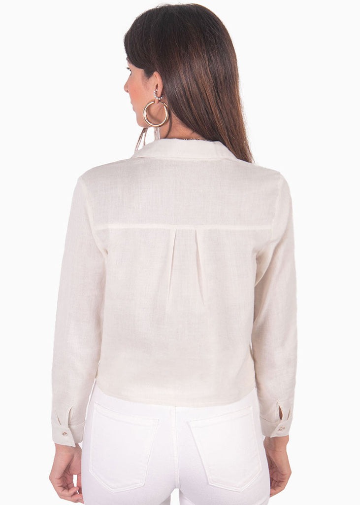 Blusa manga larga de lino con anudado en frente color blanco, marfil para mujer - Flashy