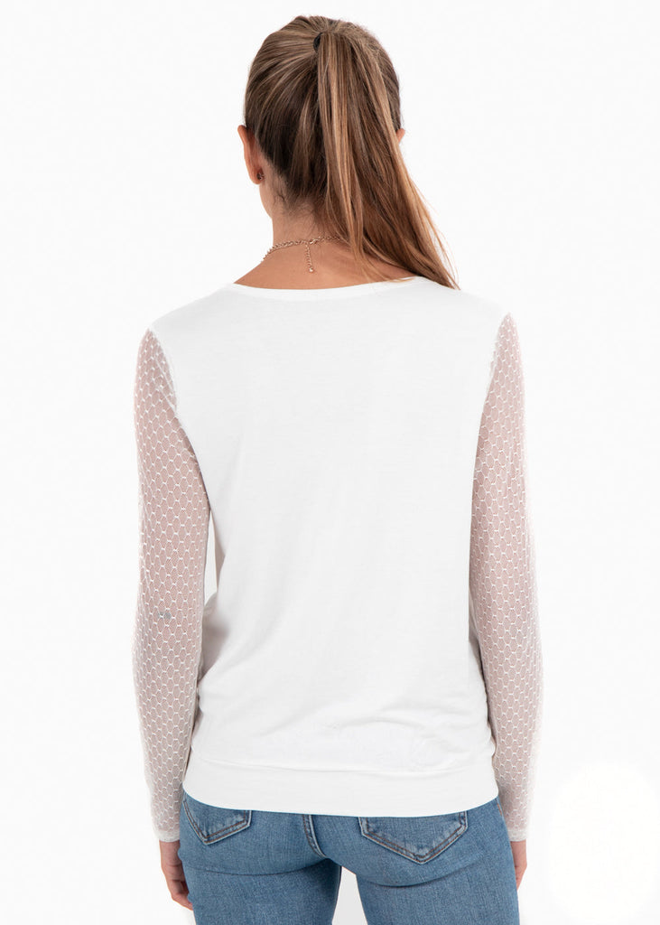 Blusa cruzada con detalle de malla en mangas para mujer flashy