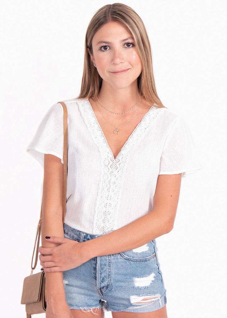 Blusa manga corta con bolillo en escote para mujer - Flashy