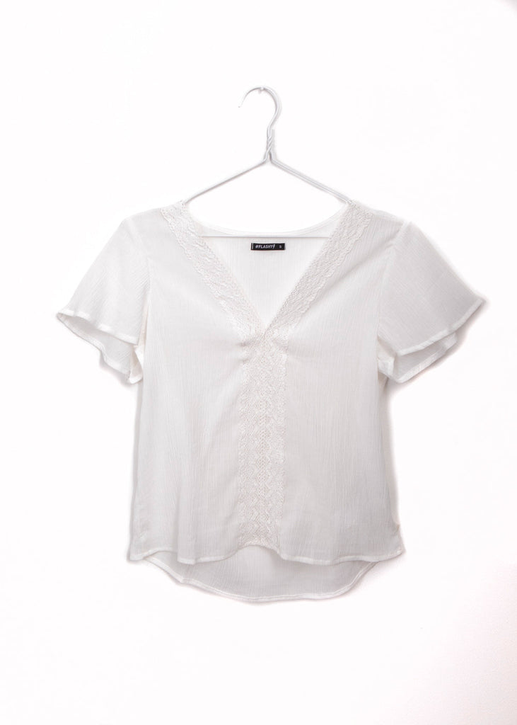 Blusa manga corta con bolillo en escote para mujer - Flashy