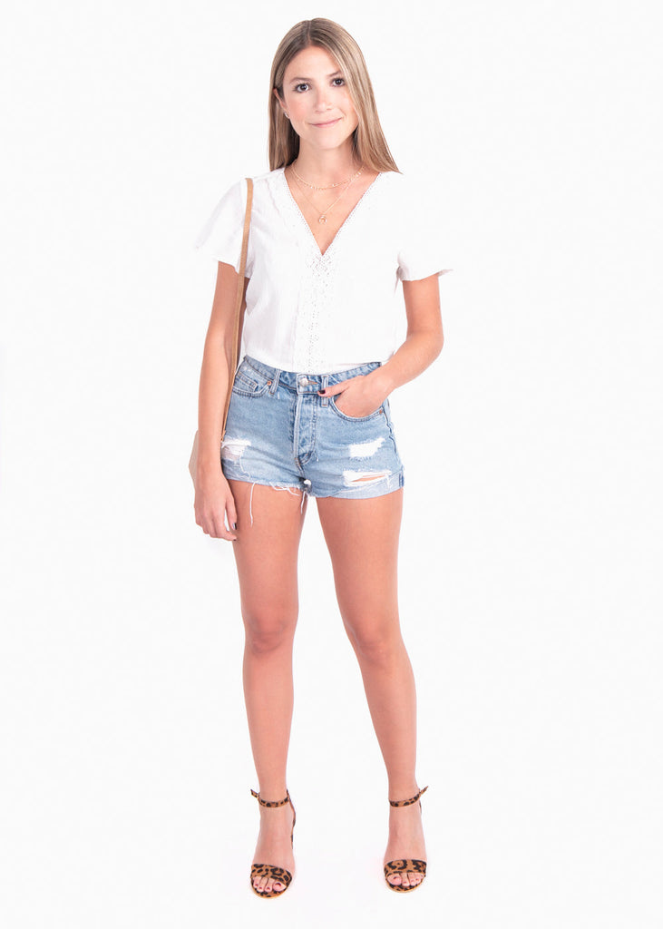 Blusa manga corta con bolillo en escote para mujer - Flashy