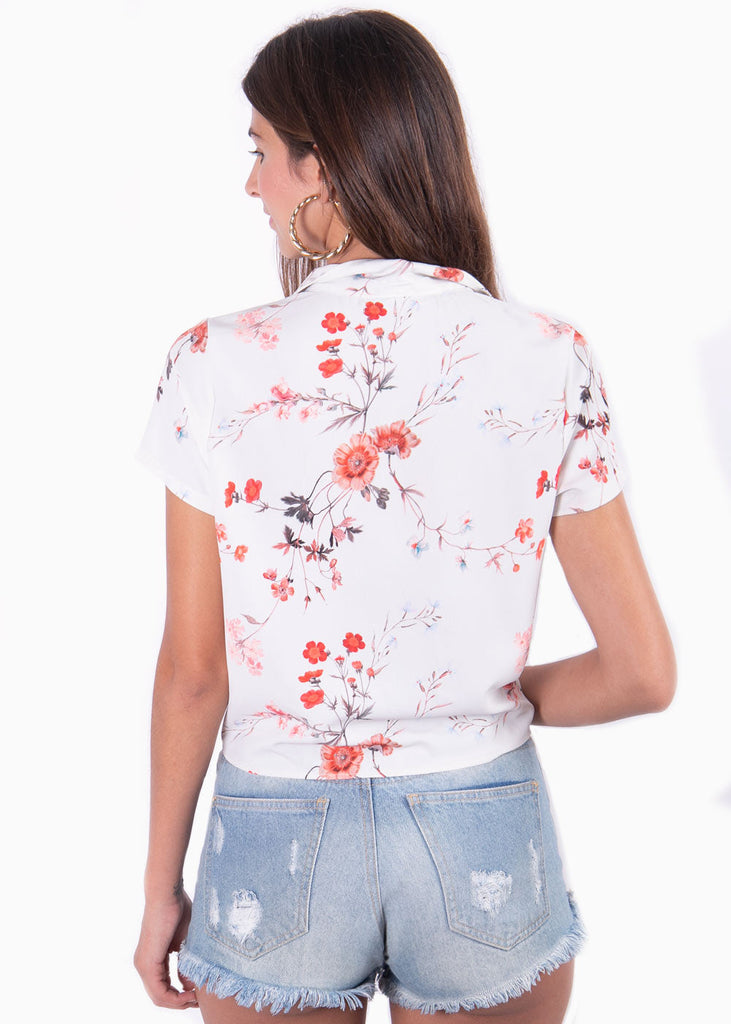 Blusa manga corta con anudado y estampado de flores para mujer - Flashy