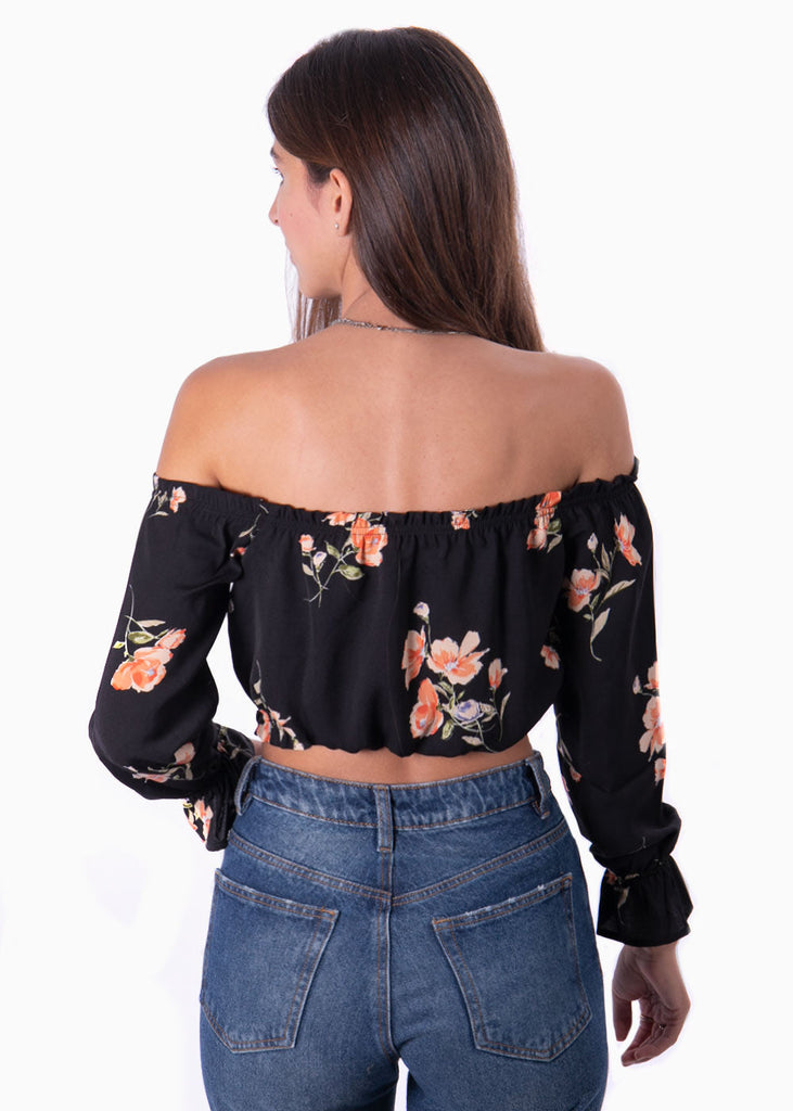 Blusa color negro campesina con estampado de flores para mujer flashy