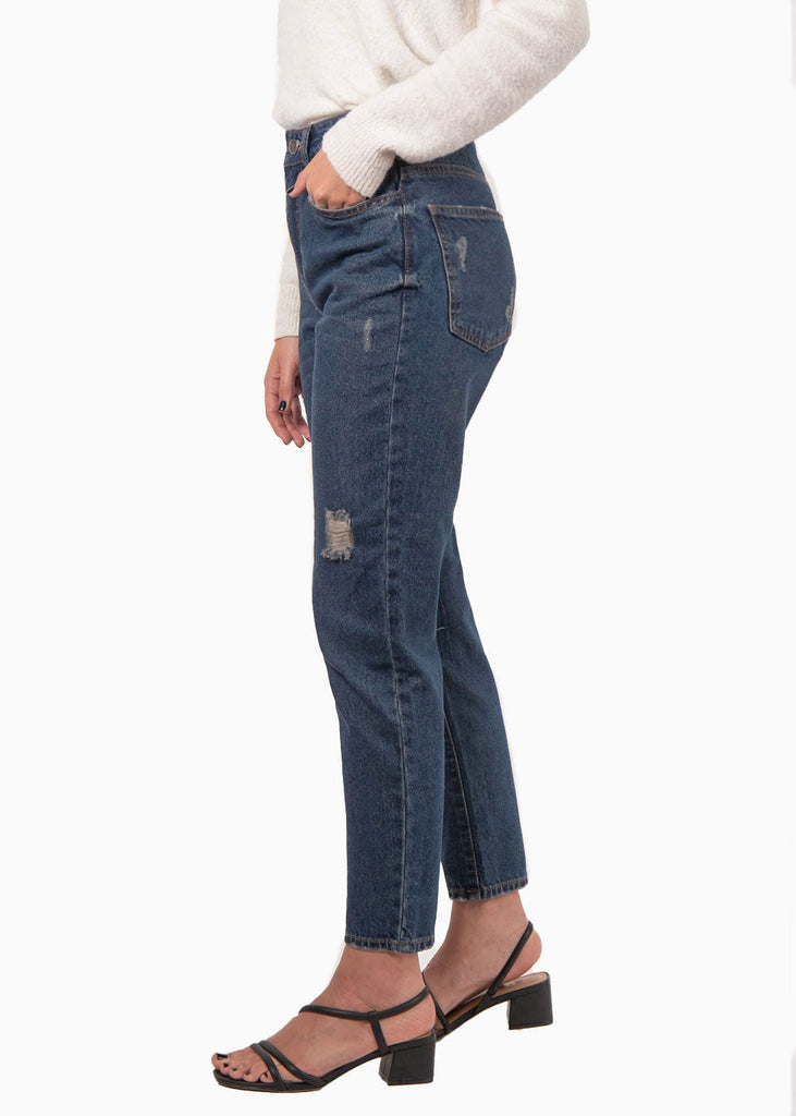 Mom jean color azul, denim para mujer - Flashy