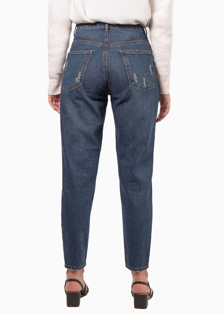 Mom jean color azul, denim para mujer - Flashy