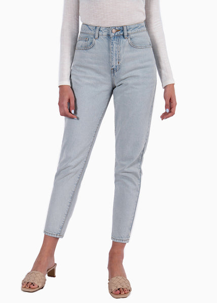 Mom jean color azul, denim para mujer - Flashy