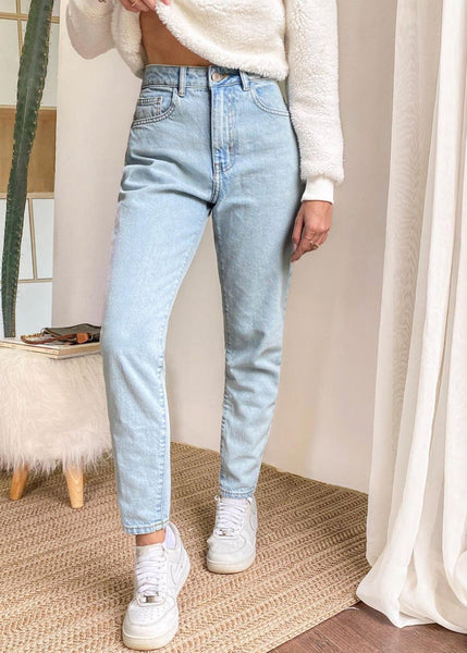 Mom jean color azul, denim para mujer - Flashy