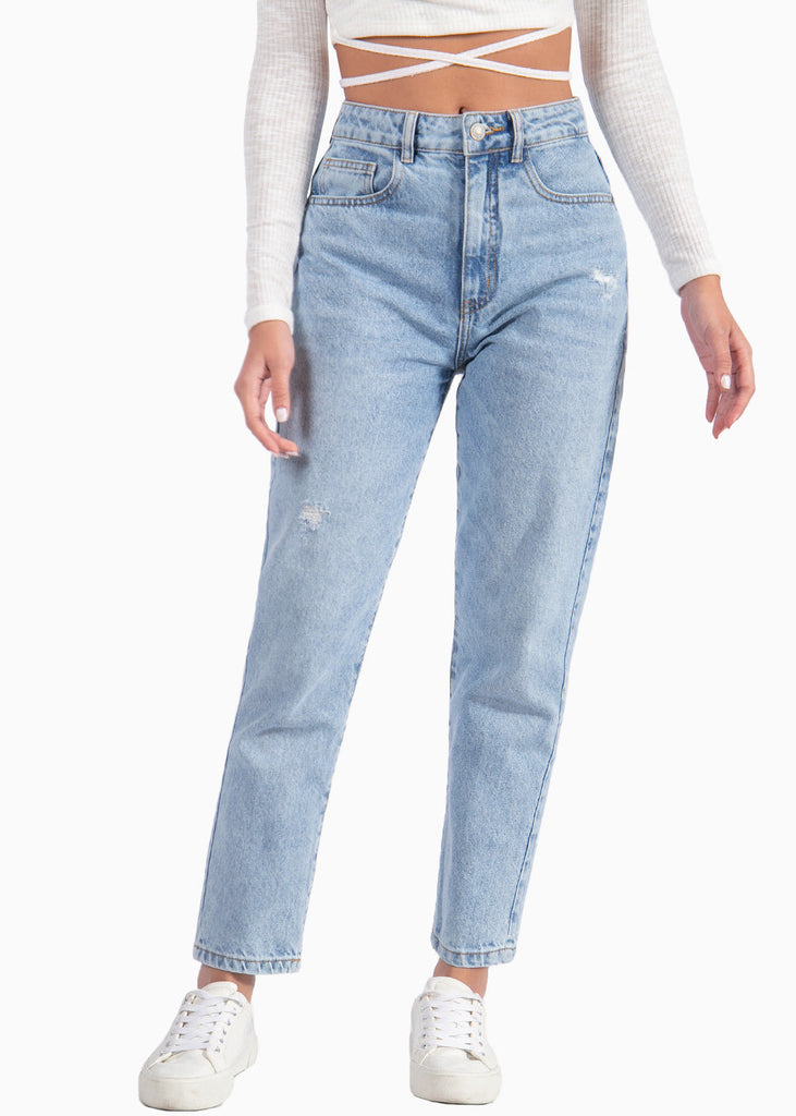 Mom jean color azul, denim para mujer - Flashy