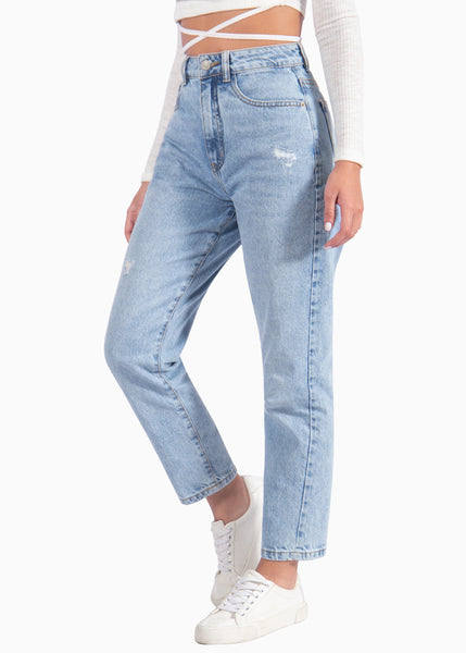 Mom jean color azul, denim para mujer - Flashy