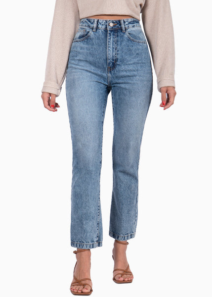 Mom jean recto color azul, denim para mujer - Flashy