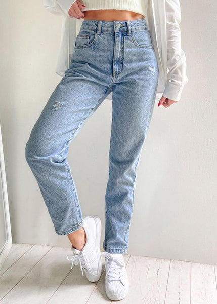 Mom jean tiro alto color azul para mujer - Flashy