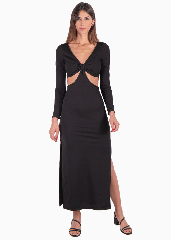 Vestido largo con anudado en escote y aberturas color negro para mujer - Flashy