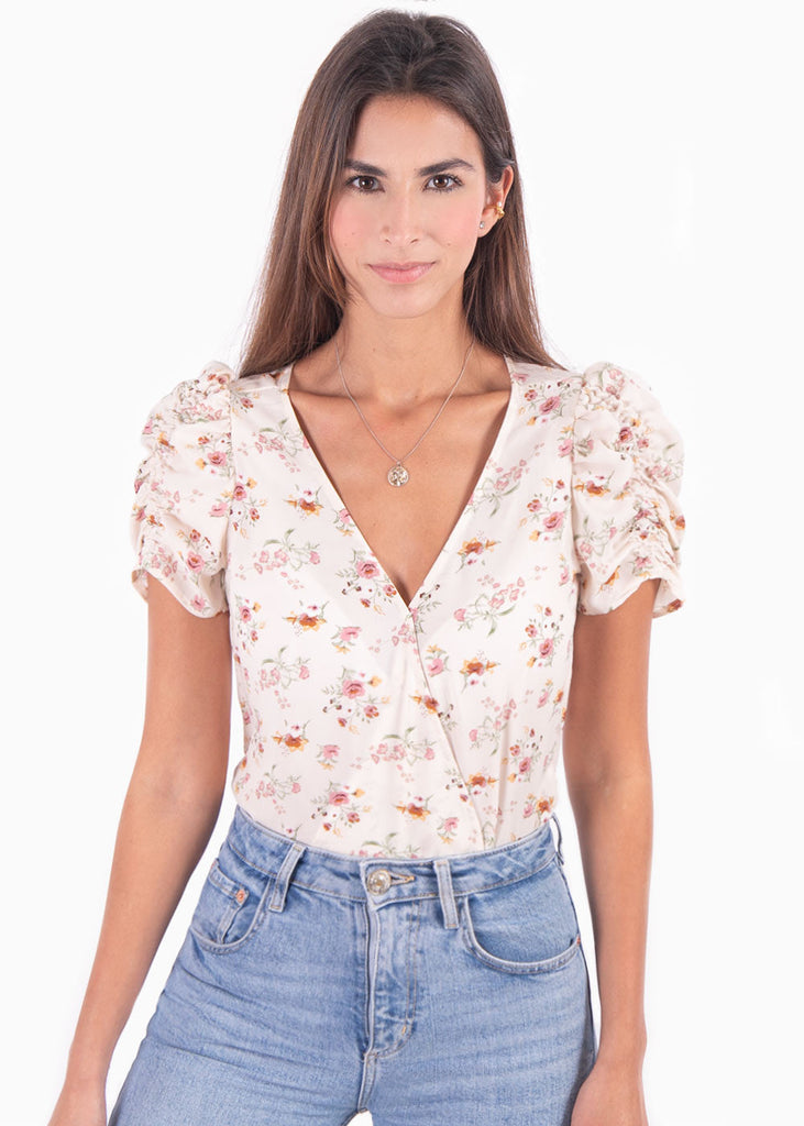 Blusa manga corta con estampado de flores y escote cruzado para mujer - Flashy