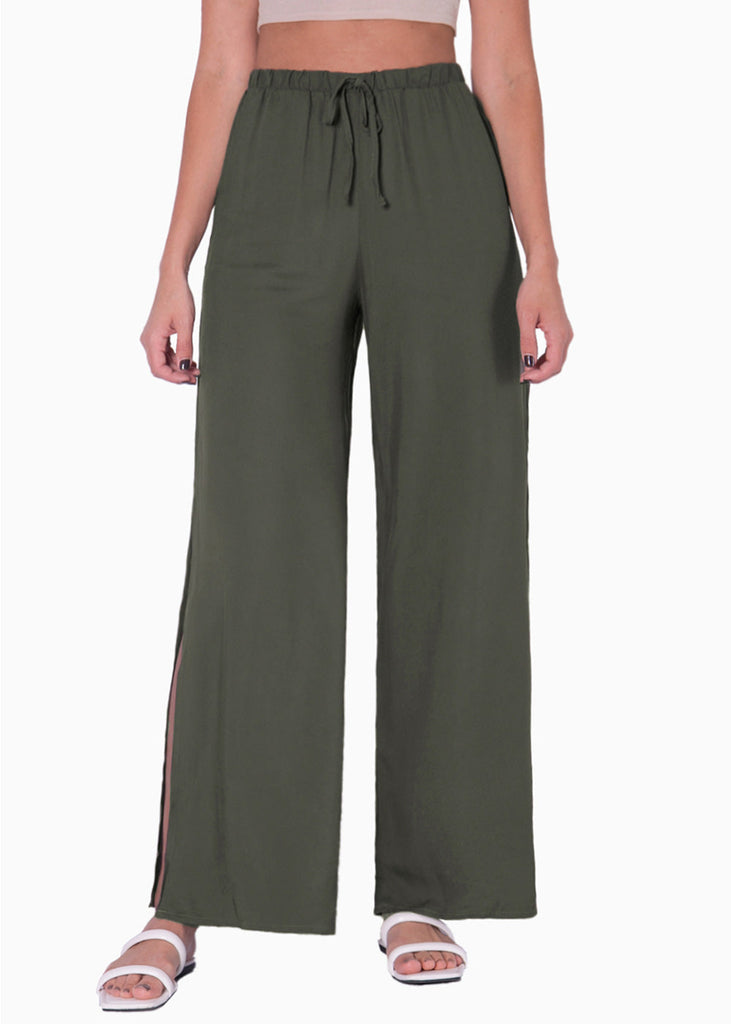 Pantalón ancho con elástico en cintura y anudado color verde para mujer - Flashy
