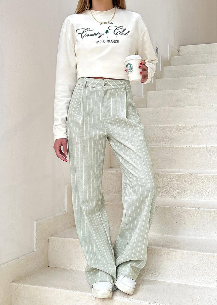 Pantalón ancho tipo sastre de lino y rayas color verde para mujer - Flashy