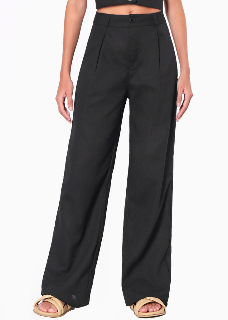 Pantalón ancho tipo sastre de lino y con pinzas color negro para mujer - Flashy