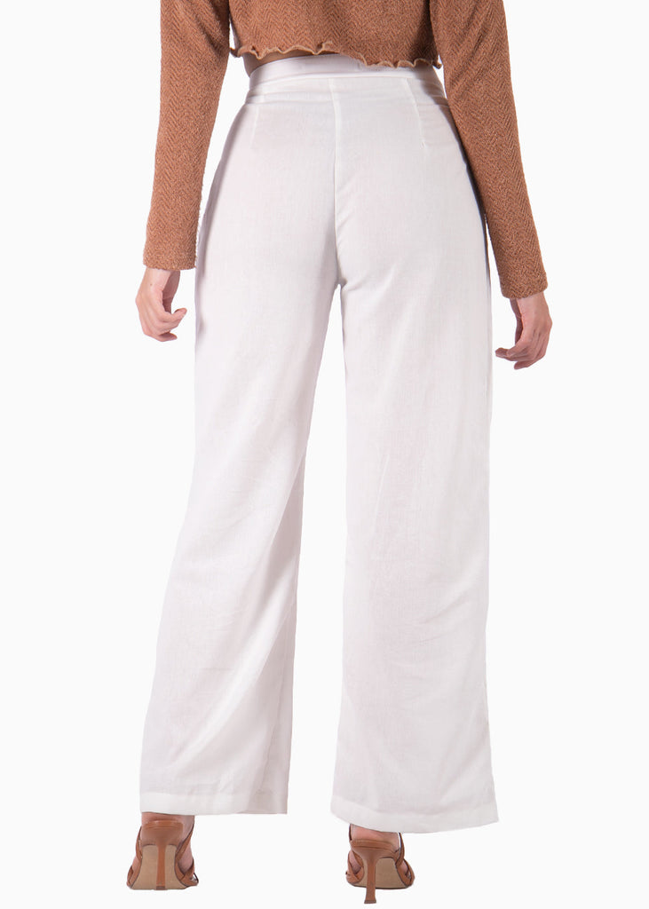 Pantalón de lino wide leg tiro alto color blanco, marfil para mujer - Flashy