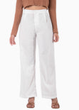 Pantalón de lino wide leg tiro alto color blanco, marfil para mujer - Flashy