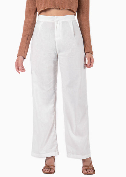 Pantalón de lino wide leg tiro alto color blanco, marfil para mujer - Flashy