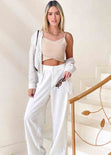 Pantalón de lino wide leg tiro alto color blanco, marfil para mujer - Flashy