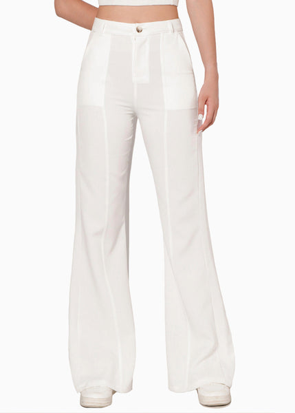 Pantalón flare de tiro alto con cortes color blanco, marfil para mujer - Flashy