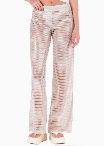 Pantalón flare marfil con elástico en cintura para mujer - Flashy