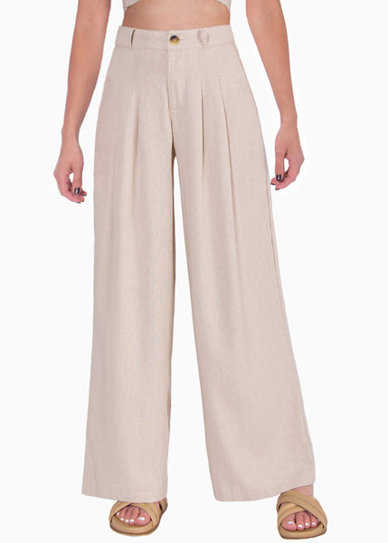 Pantalón tipo sastre palazzo de tiro alto color beige para mujer - Flashy