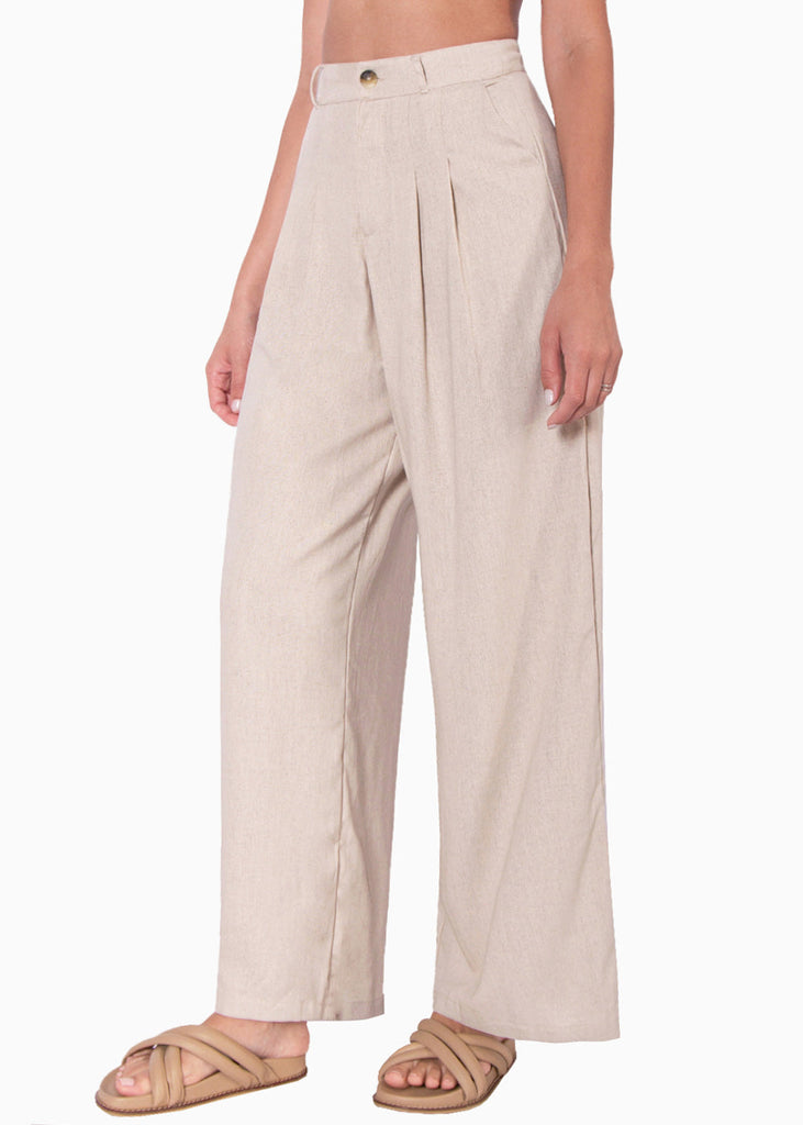 Pantalón tipo sastre palazzo de tiro alto color beige para mujer - Flashy
