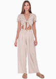Pantalón tipo sastre palazzo de tiro alto color beige para mujer - Flashy