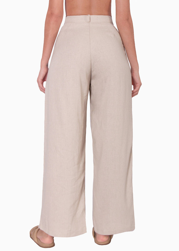 Pantalón tipo sastre palazzo de tiro alto color beige para mujer - Flashy