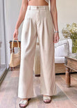 Pantalón tipo sastre palazzo de tiro alto color beige para mujer - Flashy
