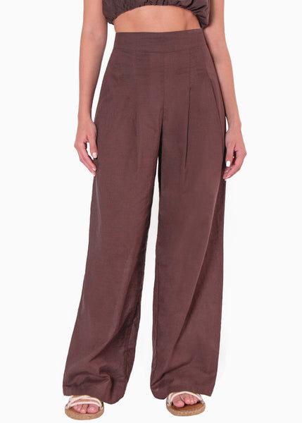 Pantalón palazzo de tiro alto color café para mujer - Flashy