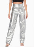 Pantalón recto con efecto metalizado y de tiro alto color plateado para mujer - Flashy