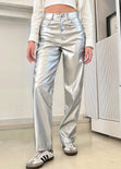 Pantalón recto con efecto metalizado y de tiro alto color plateado para mujer - Flashy