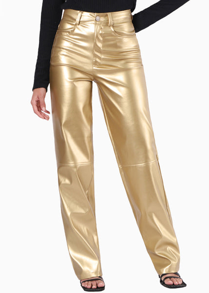 Pantalón recto con efecto metalizado y de tiro alto color dorado para mujer - Flashy