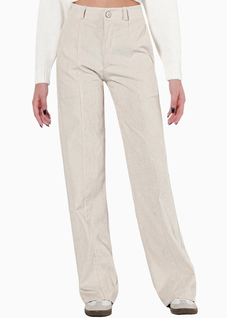 Pantalón recto de corduroy color beige para mujer - Flashy